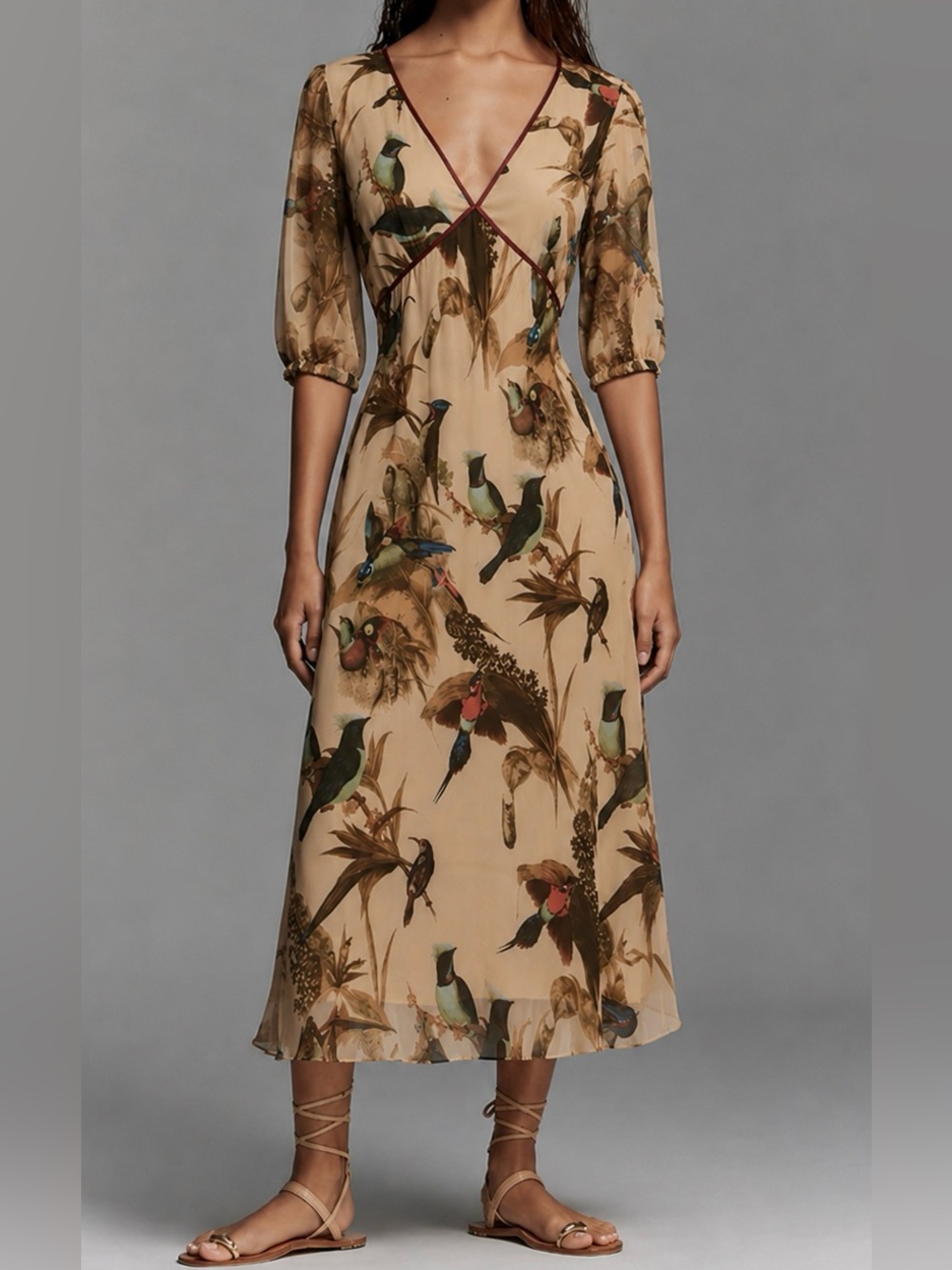 Catherine Malandrino Vintage Dress Y2K Silk Midi Tan Beige Bird Print Size 8